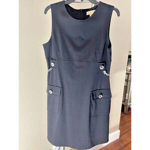 MICHAEL KORS Sleeveless Modern Black Short Dress Silver Chains Butttons size 10